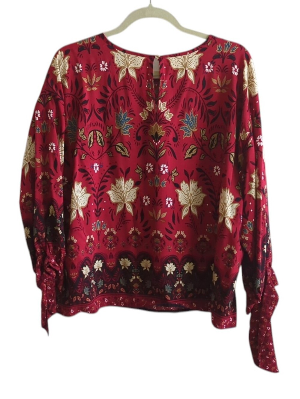 Loft Red w Cream Brown Black Floral Long Sleeve Tie Cuffs Pullover Top Size XL - Picture 2 of 9